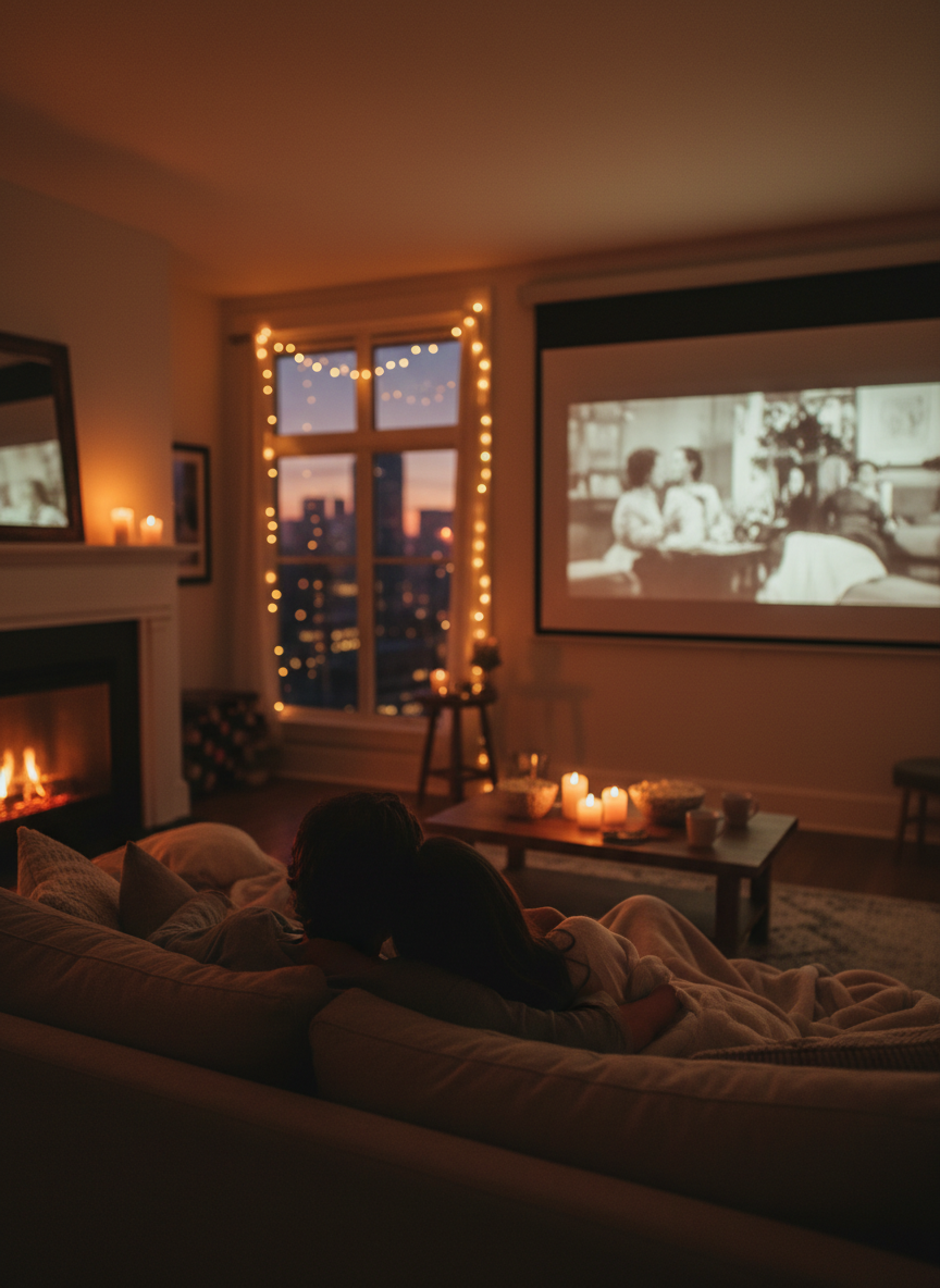 romantic cozy movie night aesthetic with soft warm lighting and couple silhouettes
