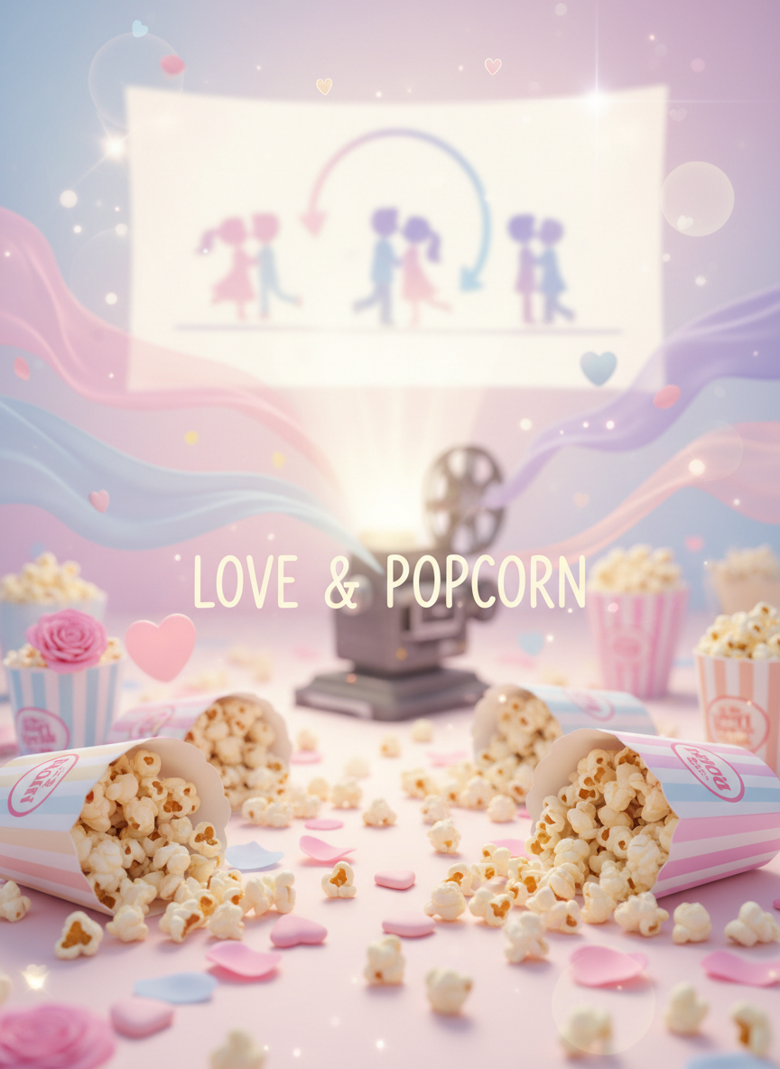 playful romcom movie vibe with pastel colors and popcorn