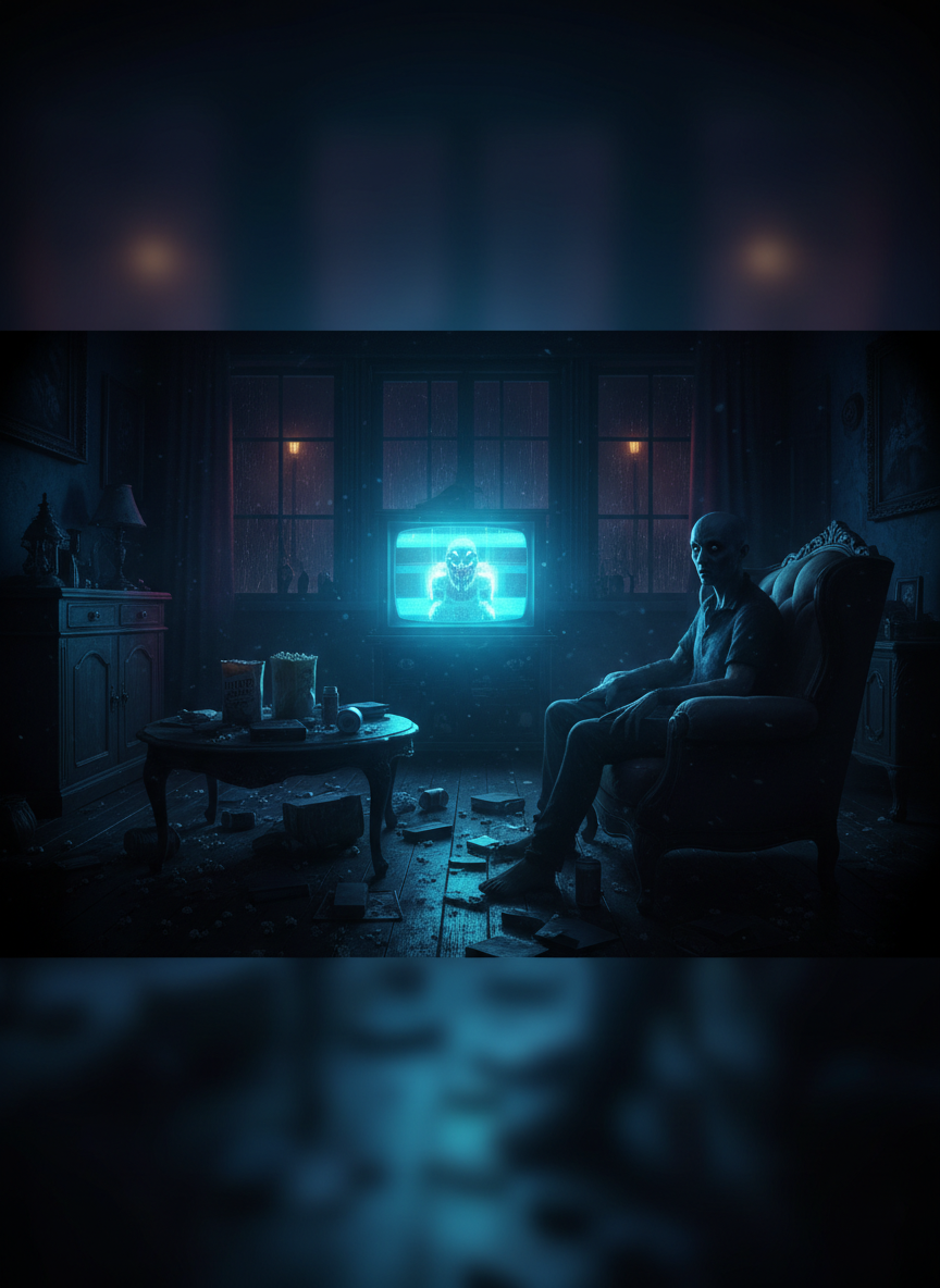 moody horror movie night scene with dark tones and glowing screen