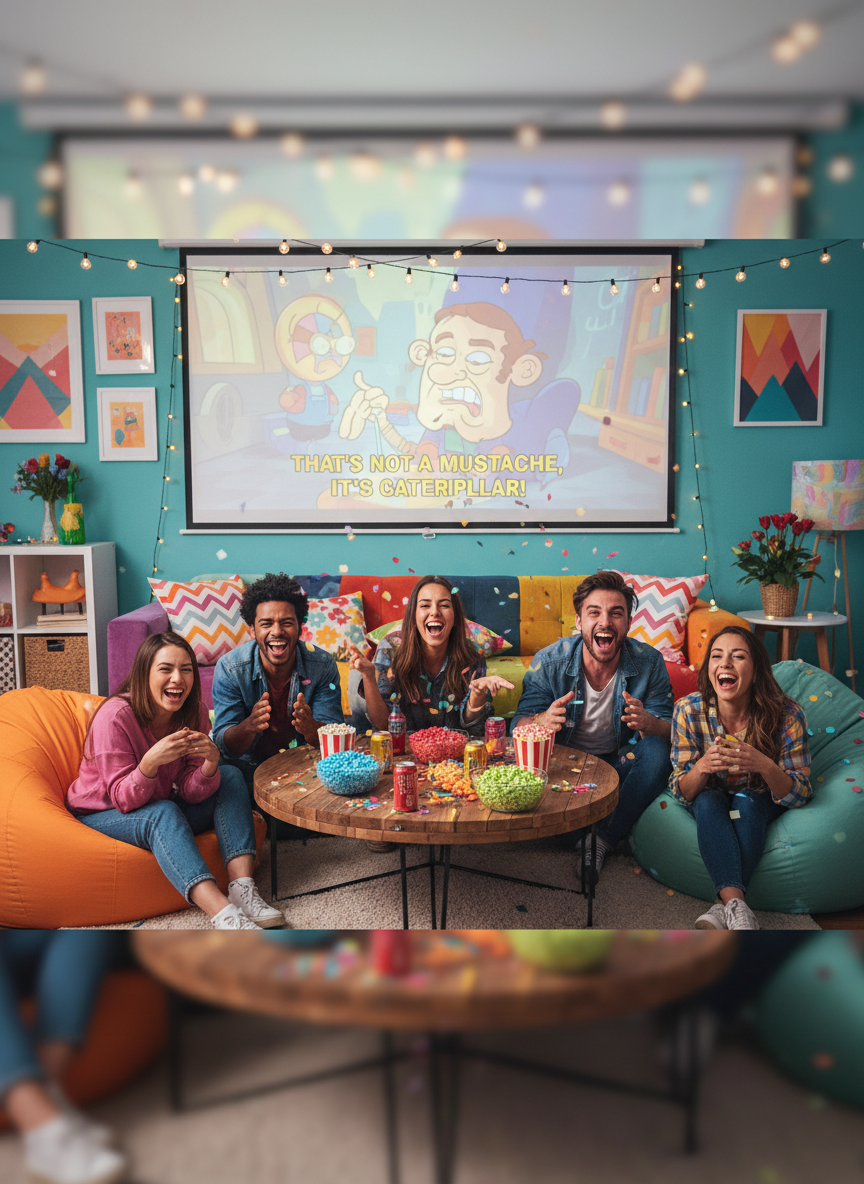 lighthearted comedy movie night with friends laughing and bright colors